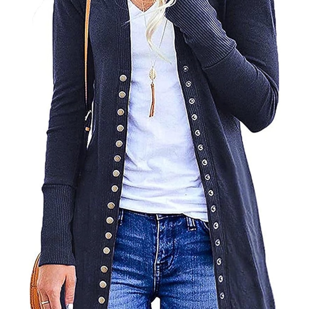 Y Women's Long Sleeve Snap Button Down Solid Color Knit Ribbed Neckline Cardigan